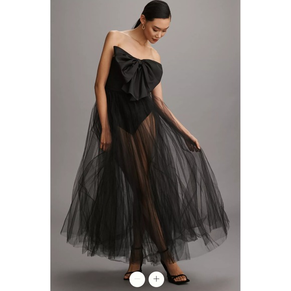 Anthropologie Dresses & Skirts - Anthropologie x Hutch - Black Strapless Maxi Dress Large Bow Bodysuit Sheer Sexy